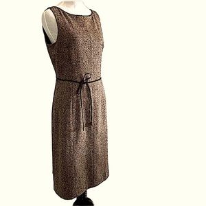 Ann Taylor Brown Tweed Scoop Neck Sleeveless Shift Dress Size 8 Tie Waist